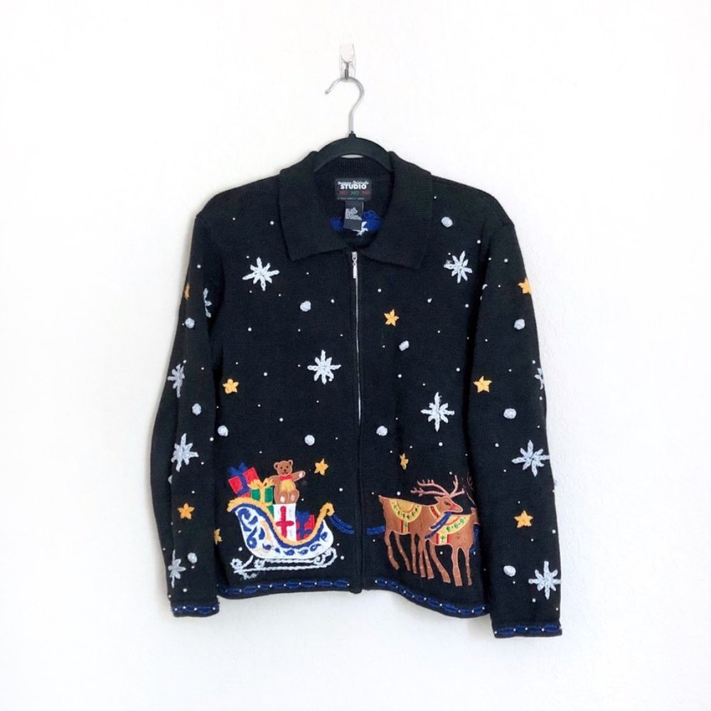 Vintage Festive Black Zip Up Christmas Sweater size M